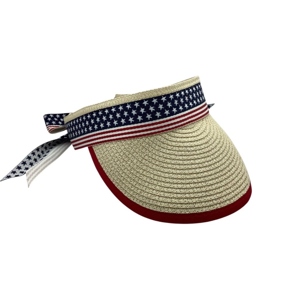 Patriotic Straw Sun Visor Hat USA Flag Ribbon Adjustable Tie Lightweight Stylish